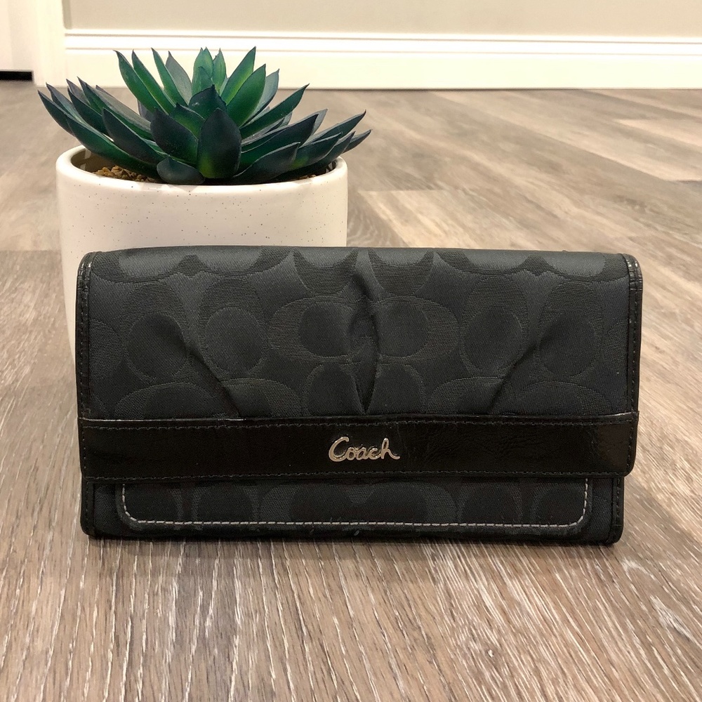 Black COACH Large Wallet Logo (fabric and leather)